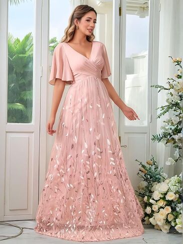 V Neck Mother of The Bride Dresses for Women Short Sleeve Long Sequin Formal Bridesmaid Dress Wedding in Saudi Arabia