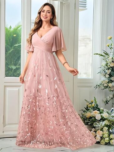 V Neck Mother of The Bride Dresses for Women Short Sleeve Long Sequin Formal Bridesmaid Dress Wedding in Saudi Arabia