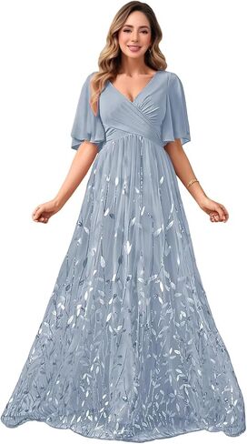 V Neck Mother of The Bride Dresses for Women Short Sleeve Long Sequin Formal Bridesmaid Dress Wedding in Saudi Arabia
