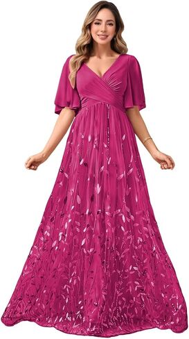 V Neck Mother of The Bride Dresses for Women Short Sleeve Long Sequin Formal Bridesmaid Dress Wedding in Saudi Arabia