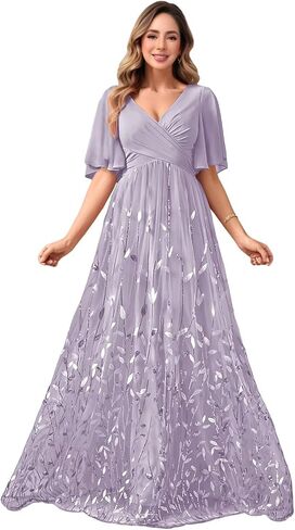 V Neck Mother of The Bride Dresses for Women Short Sleeve Long Sequin Formal Bridesmaid Dress Wedding in Saudi Arabia