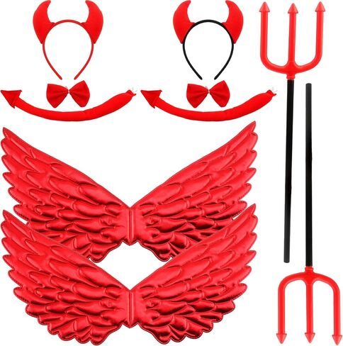 Halloween Devil Costume Set with Devil Horn Headband Darkness Angel Wings Demon Tail Bow Tie Devil Fork for Halloween Cosplay in Saudi Arabia