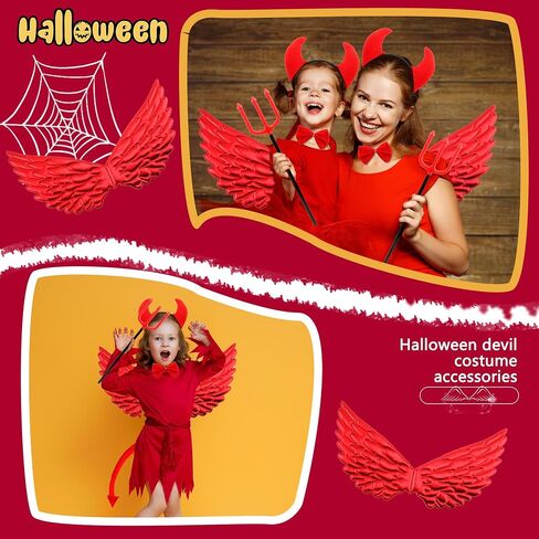 Halloween Devil Costume Set with Devil Horn Headband Darkness Angel Wings Demon Tail Bow Tie Devil Fork for Halloween Cosplay in Saudi Arabia