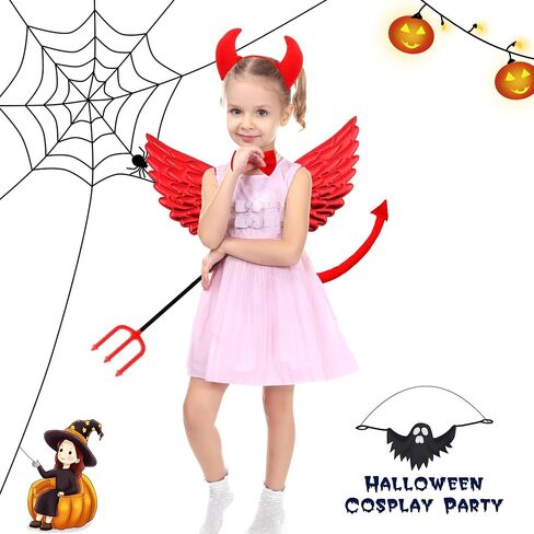 Halloween Devil Costume Set with Devil Horn Headband Darkness Angel Wings Demon Tail Bow Tie Devil Fork for Halloween Cosplay in Saudi Arabia