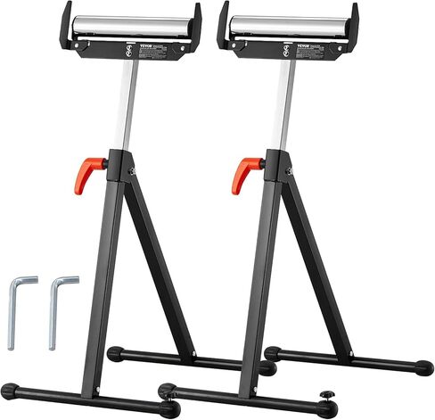 VEVOR Roller Stand, 250 lb Load Capacity, 27 in-43 in Adjustable Height, Folding Heavy Duty with Edge Guides & 11.5 in Polished Steel Roller Head, for Table Saw Outfeed Woodworking Extension Support in Kuwait