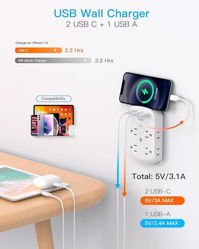 2 Pack Surge Protector Outlet, Multi Plug Outlet Adapter with 6 Wall Outlets 2 USB Wall Charger (1 USB C Port), Wall Outlet Extender, Multiple Outlet Wall Plug Splitter for Home Office Dorm Room in Kuwait