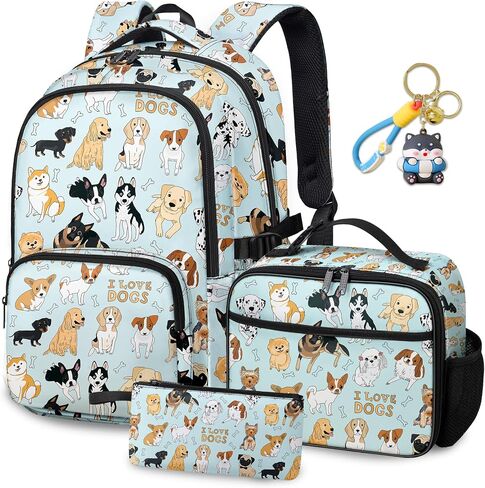 Dog Backpack Set for Boys Girls, Kids Puppy Backpack for School with Lunch Box Pencil Bag, Cute Dog School Bag with Keychain for Elementary Students in Kuwait
