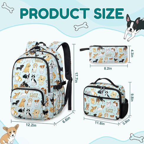 Dog Backpack Set for Boys Girls, Kids Puppy Backpack for School with Lunch Box Pencil Bag, Cute Dog School Bag with Keychain for Elementary Students in Kuwait