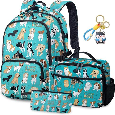 Dog Backpack Set for Boys Girls, Kids Puppy Backpack for School with Lunch Box Pencil Bag, Cute Dog School Bag with Keychain for Elementary Students in Kuwait