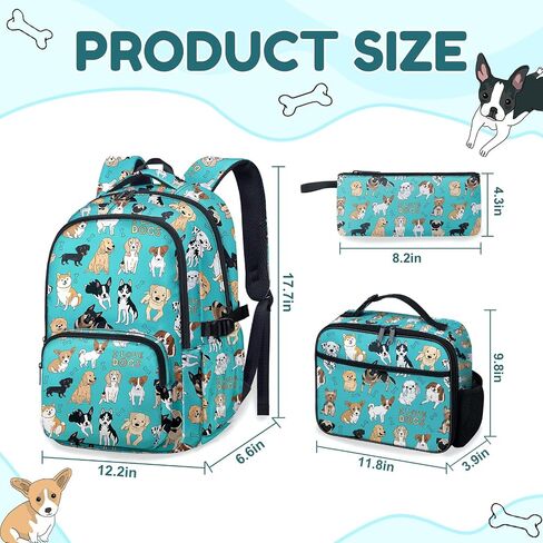 Dog Backpack Set for Boys Girls, Kids Puppy Backpack for School with Lunch Box Pencil Bag, Cute Dog School Bag with Keychain for Elementary Students in Kuwait