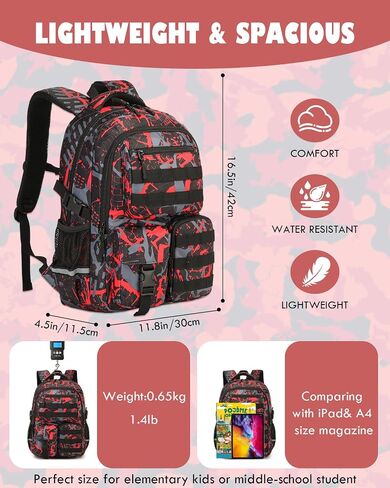 School Backpack for Boys Lightweight Bookbag for Kids Children Teens Elementary Middle School, Camo Boys Backpacks Back to School Gifts, Red in Kuwait