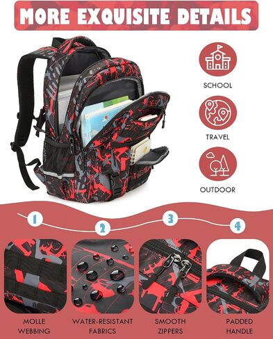 School Backpack for Boys Lightweight Bookbag for Kids Children Teens Elementary Middle School, Camo Boys Backpacks Back to School Gifts, Red in Kuwait