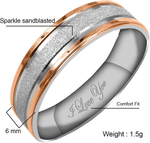 Everstone Women's Sparkle 4MM & 6MM Flat Promise Ring Wedding Bands Titanium Ring Two Tone Color: Rose Gold & Sparkle Silver Engraved I Love You in Saudi Arabia