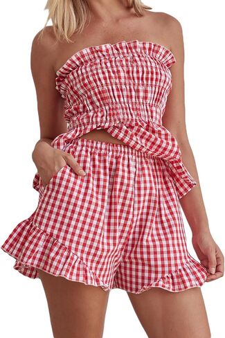 Women Summer Sexy 2 Piece Outfits Stripe Print Ruched Strapless Bandeau Tube Top Shorts Sets Streetwear in Saudi Arabia