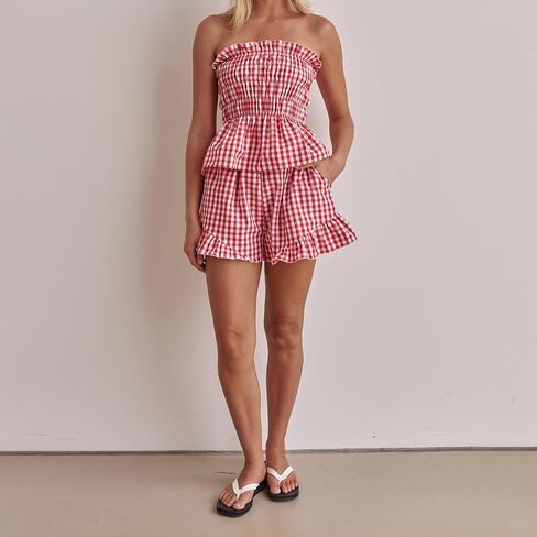 Women Summer Sexy 2 Piece Outfits Stripe Print Ruched Strapless Bandeau Tube Top Shorts Sets Streetwear in Saudi Arabia