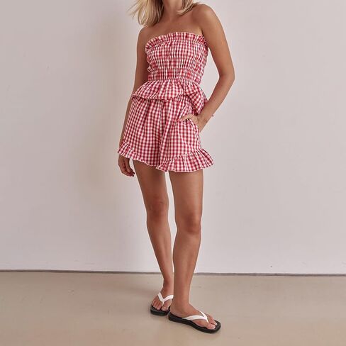 Women Summer Sexy 2 Piece Outfits Stripe Print Ruched Strapless Bandeau Tube Top Shorts Sets Streetwear in Saudi Arabia