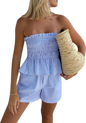 Women Summer Sexy 2 Piece Outfits Stripe Print Ruched Strapless Bandeau Tube Top Shorts Sets Streetwear in Saudi Arabia
