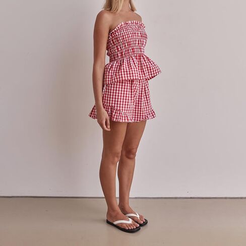 Women Summer Sexy 2 Piece Outfits Stripe Print Ruched Strapless Bandeau Tube Top Shorts Sets Streetwear in Saudi Arabia