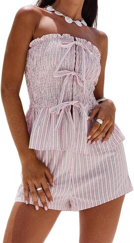 Women Summer Sexy 2 Piece Outfits Stripe Print Ruched Strapless Bandeau Tube Top Shorts Sets Streetwear in Saudi Arabia