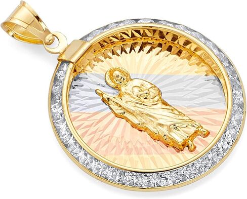 14K Tri Tri Color Gold CZ San Judas Medal Charm (الحجم: 29 × 20 مم) in Saudi Arabia