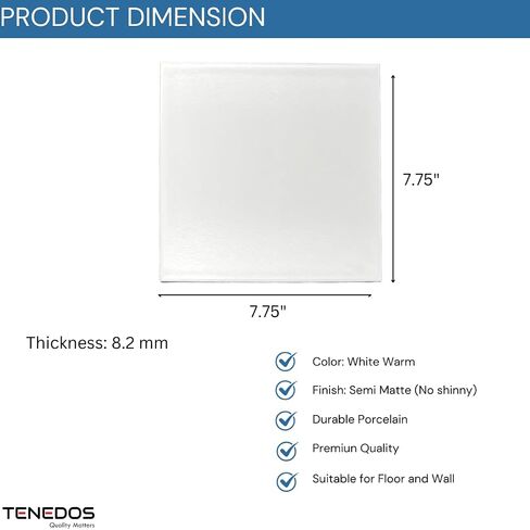 Tenedos 8x8 Subway Square Porcelain Floor Wall Tile Matte Finish for Backsplash Kitchen, Accent Decor, Bathroom Shower Tile (White, 1 Piece) in Saudi Arabia