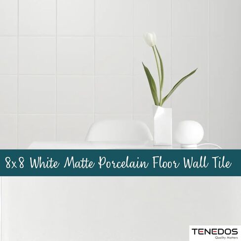 Tenedos 8x8 Subway Square Porcelain Floor Wall Tile Matte Finish for Backsplash Kitchen, Accent Decor, Bathroom Shower Tile (White, 1 Piece) in Saudi Arabia