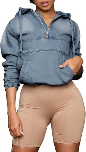بنسف نساء نصف Zip Denim Hoodie Pullover Stack in Saudi Arabia