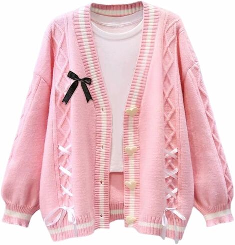 Findthy Women's Cardigan Sweate Cardigan Sweater Kawaii Love Button Long Sleeve V-Neck Bowknot reknit in Saudi Arabia