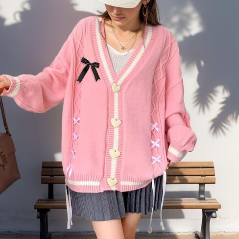 Findthy Women's Cardigan Sweate Cardigan Sweater Kawaii Love Button Long Sleeve V-Neck Bowknot reknit in Saudi Arabia