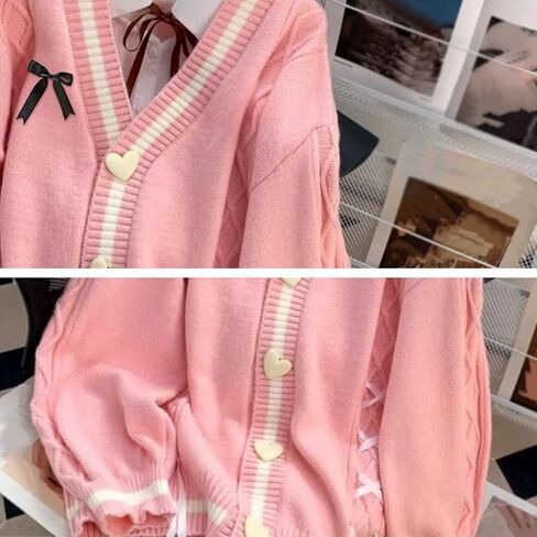 Findthy Women's Cardigan Sweate Cardigan Sweater Kawaii Love Button Long Sleeve V-Neck Bowknot reknit in Saudi Arabia