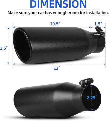 طرف عادم مدخل AUTOSAVER88 مقاس 2.25 بوصة، مدخل 2.25 بوصة، مخرج 3.5 بوصة، الطول الإجمالي 12 بوصة مطلي بمسحوق أسود، طرف عادم ديزل من الفولاذ المقاوم للصدأ لـ 2 1/4 بوصة من أنبوب عادم OD، قطع زاوية ملفوفة، مسمار مثبت in Saudi Arabia