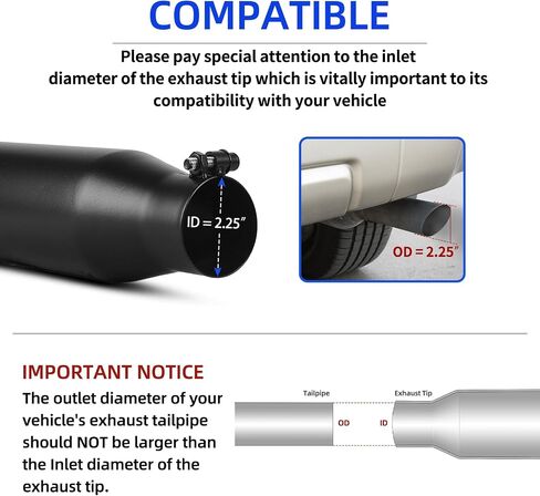طرف عادم مدخل AUTOSAVER88 مقاس 2.25 بوصة، مدخل 2.25 بوصة، مخرج 3.5 بوصة، الطول الإجمالي 12 بوصة مطلي بمسحوق أسود، طرف عادم ديزل من الفولاذ المقاوم للصدأ لـ 2 1/4 بوصة من أنبوب عادم OD، قطع زاوية ملفوفة، مسمار مثبت in Saudi Arabia