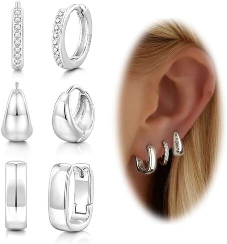 Sterling Silver Hoop Earrings for Women | Chunky Gold Hoops Earrings Hypoallergenic Small Huggie Earrings Set for Mulpitle Piercing Lightweight Square/Oval/Cubic Zirconia in Kuwait