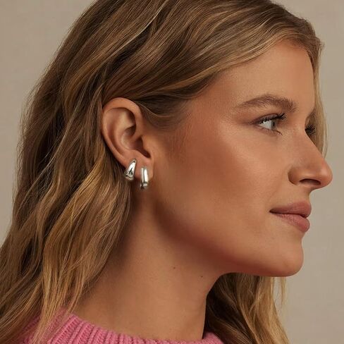 Sterling Silver Hoop Earrings for Women | Chunky Gold Hoops Earrings Hypoallergenic Small Huggie Earrings Set for Mulpitle Piercing Lightweight Square/Oval/Cubic Zirconia in Kuwait