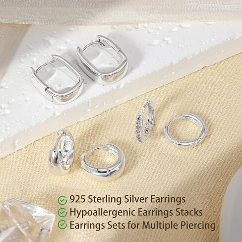 Sterling Silver Hoop Earrings for Women | Chunky Gold Hoops Earrings Hypoallergenic Small Huggie Earrings Set for Mulpitle Piercing Lightweight Square/Oval/Cubic Zirconia in Kuwait