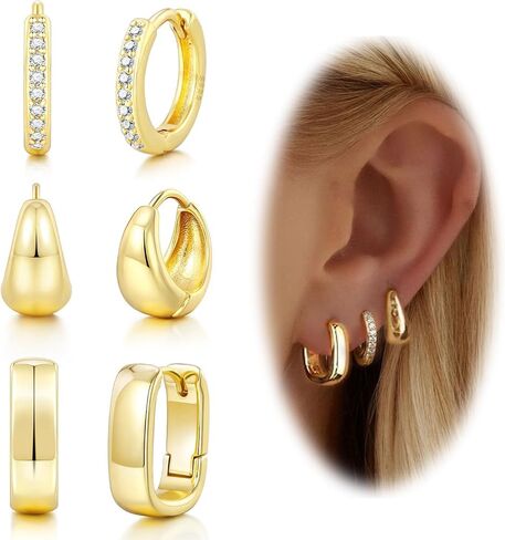 Sterling Silver Hoop Earrings for Women | Chunky Gold Hoops Earrings Hypoallergenic Small Huggie Earrings Set for Mulpitle Piercing Lightweight Square/Oval/Cubic Zirconia in Kuwait