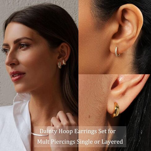 Sterling Silver Hoop Earrings for Women | Chunky Gold Hoops Earrings Hypoallergenic Small Huggie Earrings Set for Mulpitle Piercing Lightweight Square/Oval/Cubic Zirconia in Kuwait