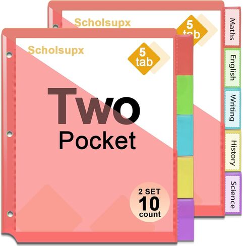 مجموعة فواصل بلاستيكية مكونة من 5 علامات تبويب، ومؤشر حجم حرف مقسم بجيبين لـ 3 مجلدات حلقية، وفواصل للموضوع، وواقي أوراق 3 فتحات للمدرسة/المنزل/المكتب (10 قطع) in Kuwait