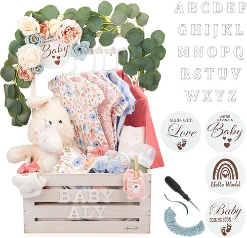 Wooden Baby Shower Crate Closet - Customizable Wooden Crate Box with Dual Rod System, Personalized Baby Shower Basket Alphabet Letters, Easy Assembly Baby Baskets for Baby Shower, 16" x 11.8" x 8" in Saudi Arabia