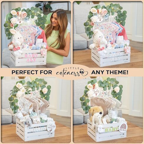 Wooden Baby Shower Crate Closet - Customizable Wooden Crate Box with Dual Rod System, Personalized Baby Shower Basket Alphabet Letters, Easy Assembly Baby Baskets for Baby Shower, 16" x 11.8" x 8" in Saudi Arabia