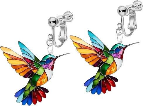 Colorful Hummingbird Clip on Dangle Earrings for Women, Non Pierced, 2D Novelty Bird Drop Earrings, Humming Animals Jewelry in Saudi Arabia