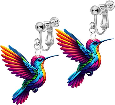 Colorful Hummingbird Clip on Dangle Earrings for Women, Non Pierced, 2D Novelty Bird Drop Earrings, Humming Animals Jewelry in Saudi Arabia