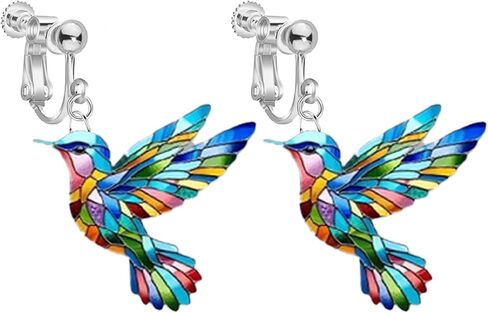 Colorful Hummingbird Clip on Dangle Earrings for Women, Non Pierced, 2D Novelty Bird Drop Earrings, Humming Animals Jewelry in Saudi Arabia