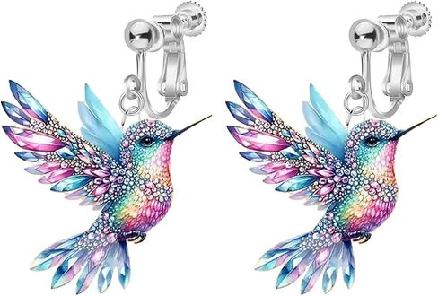 Colorful Hummingbird Clip on Dangle Earrings for Women, Non Pierced, 2D Novelty Bird Drop Earrings, Humming Animals Jewelry in Saudi Arabia