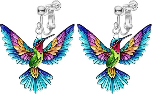 Colorful Hummingbird Clip on Dangle Earrings for Women, Non Pierced, 2D Novelty Bird Drop Earrings, Humming Animals Jewelry in Saudi Arabia