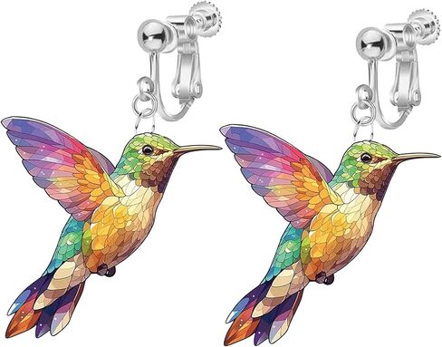 Colorful Hummingbird Clip on Dangle Earrings for Women, Non Pierced, 2D Novelty Bird Drop Earrings, Humming Animals Jewelry in Saudi Arabia