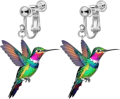 Colorful Hummingbird Clip on Dangle Earrings for Women, Non Pierced, 2D Novelty Bird Drop Earrings, Humming Animals Jewelry in Saudi Arabia
