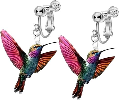 Colorful Hummingbird Clip on Dangle Earrings for Women, Non Pierced, 2D Novelty Bird Drop Earrings, Humming Animals Jewelry in Saudi Arabia