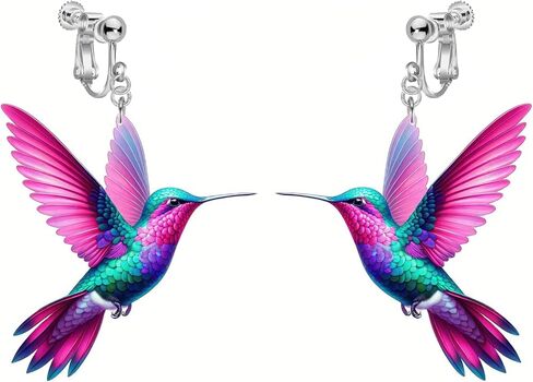 Colorful Hummingbird Clip on Dangle Earrings for Women, Non Pierced, 2D Novelty Bird Drop Earrings, Humming Animals Jewelry in Saudi Arabia