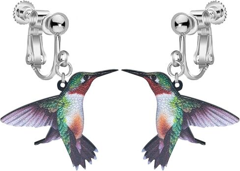 Colorful Hummingbird Clip on Dangle Earrings for Women, Non Pierced, 2D Novelty Bird Drop Earrings, Humming Animals Jewelry in Saudi Arabia